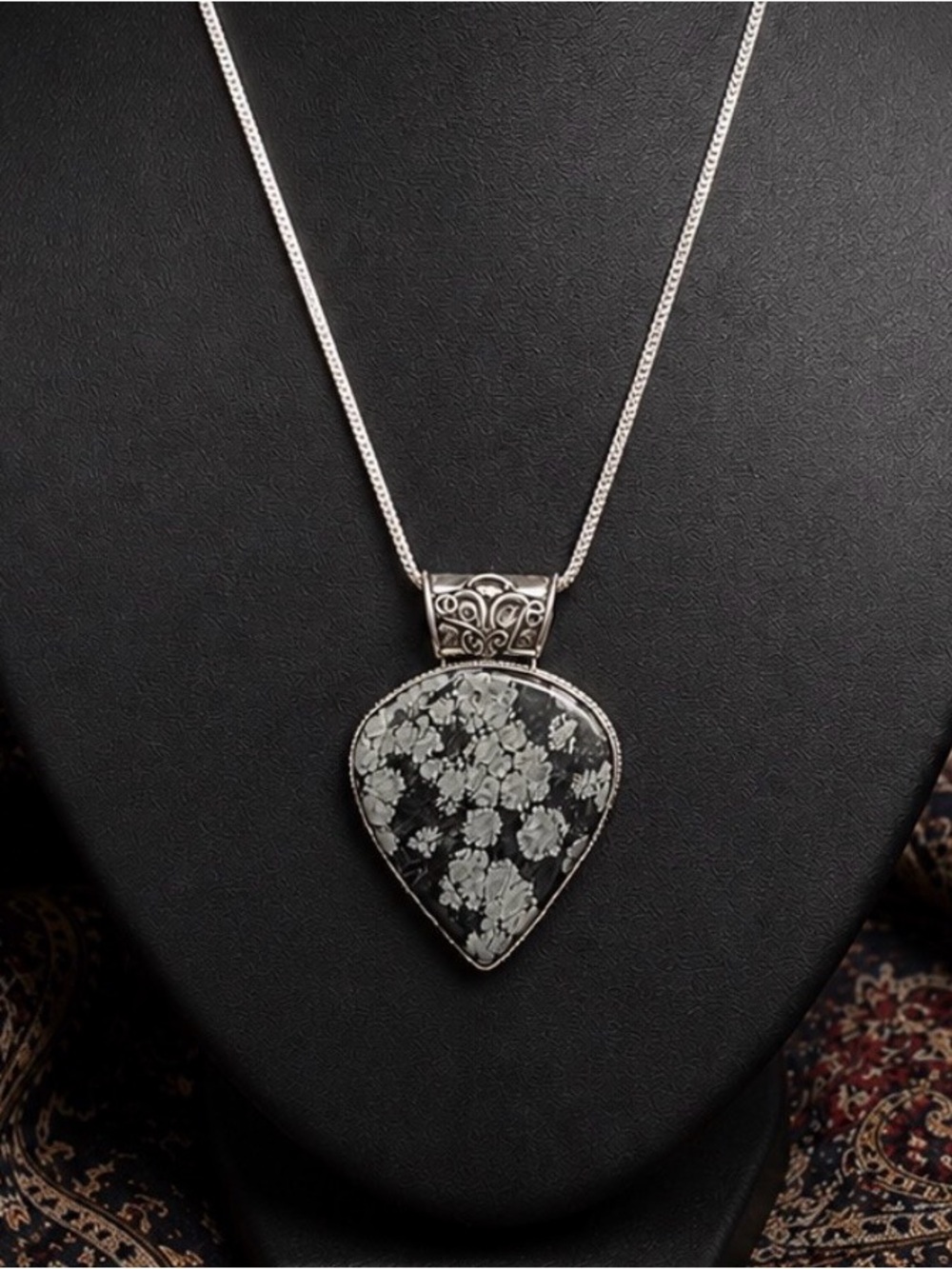 Necklace Silver Snowflake Obsidian Gemstone Pendant Bold Statement Southwestern